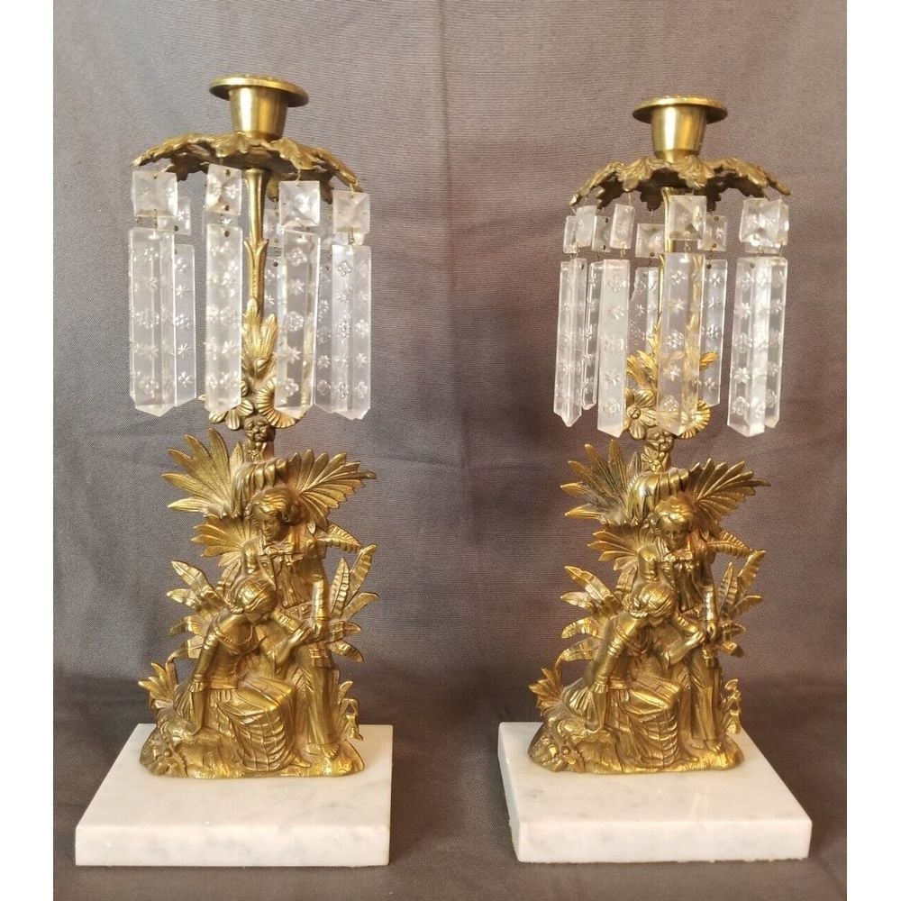 Cristal Girandol Victorian parlor Palm leaves Brass candelabra Antique 1920s