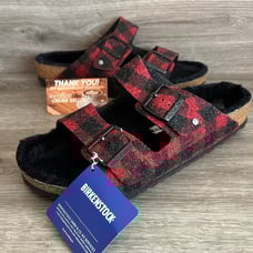 Birkenstock Arizona Rivet Plaid Red Black Shearling Regular Size 45 NWB