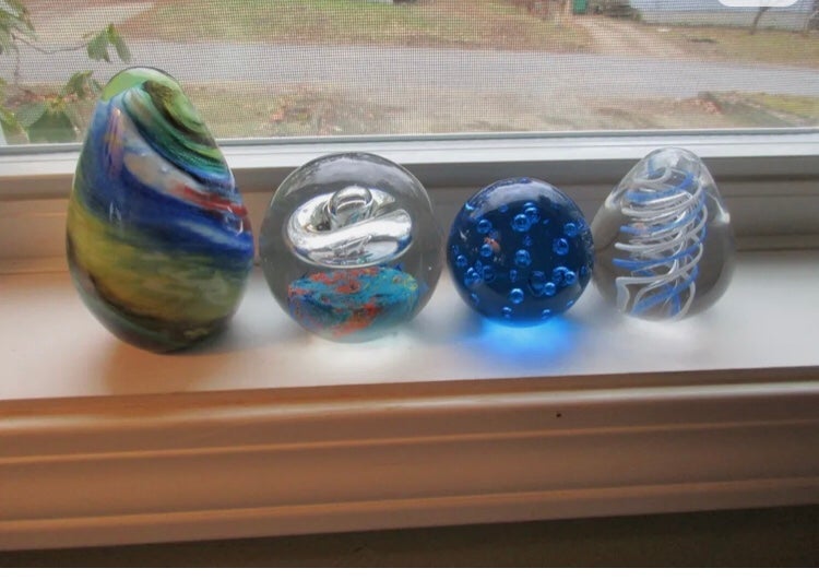 Vintage Lot Of 4 Art Glass Paperweights, One Marked JAMES ALEX IMP - GOOD Cond!