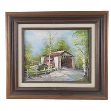 Enchanting Covered Bridge: Original Forrestor Oil Painting - Mid Century Frame 1