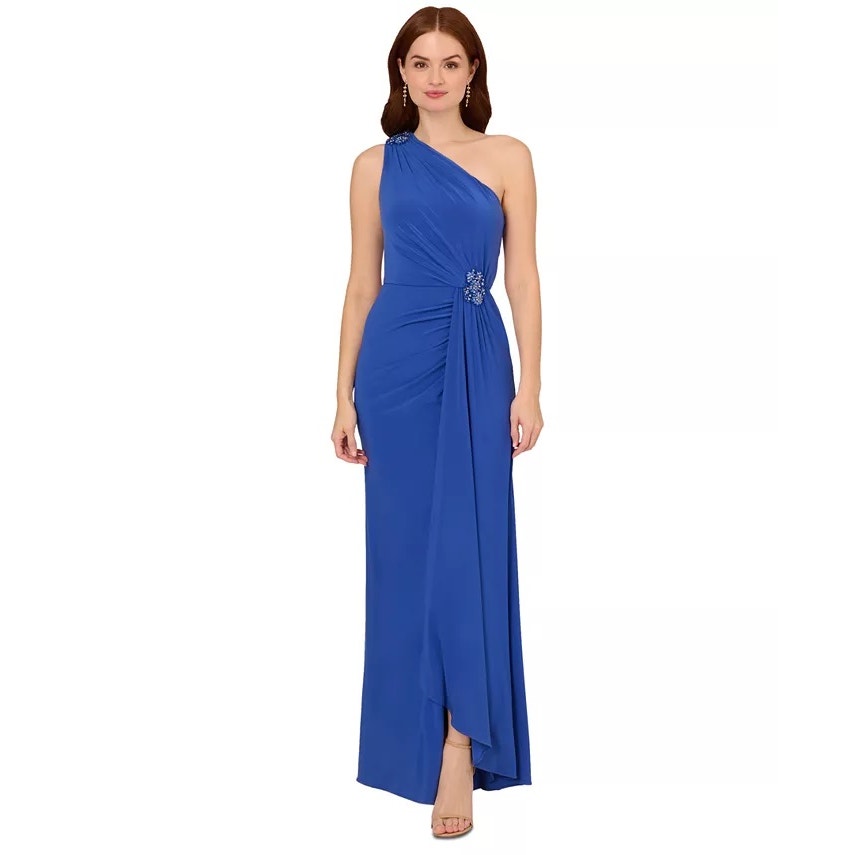 ADRIANNA PAPELL Draped One-Shoulder Jersey Blue Gown 6 NWT
