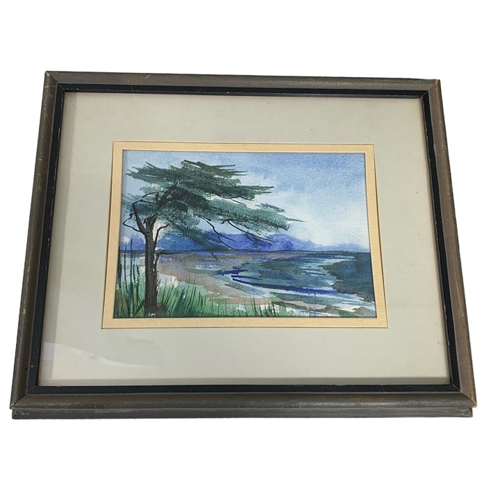 Watercolor Painting Original Framed Matted Art Green Blue Tree Nature Scene