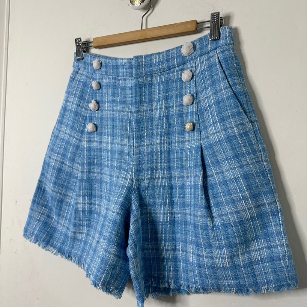 C Wonder by Christian Siriano Small High Rise Blue Plaid Tweed Pleated Shorts
