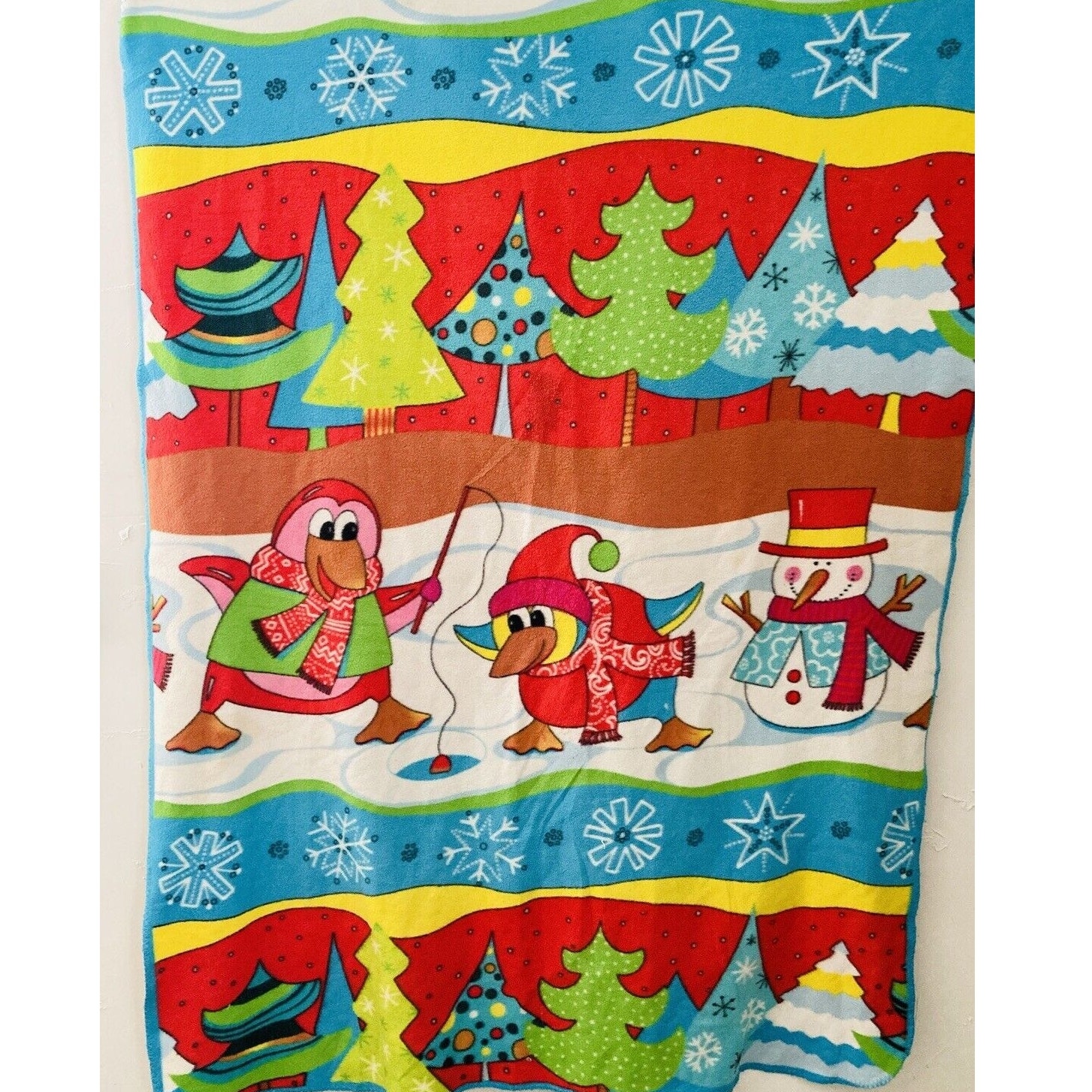 Vintage Fleece Christmas blanket Snow Winter Ice Fishing Penguin Tree Snowflake