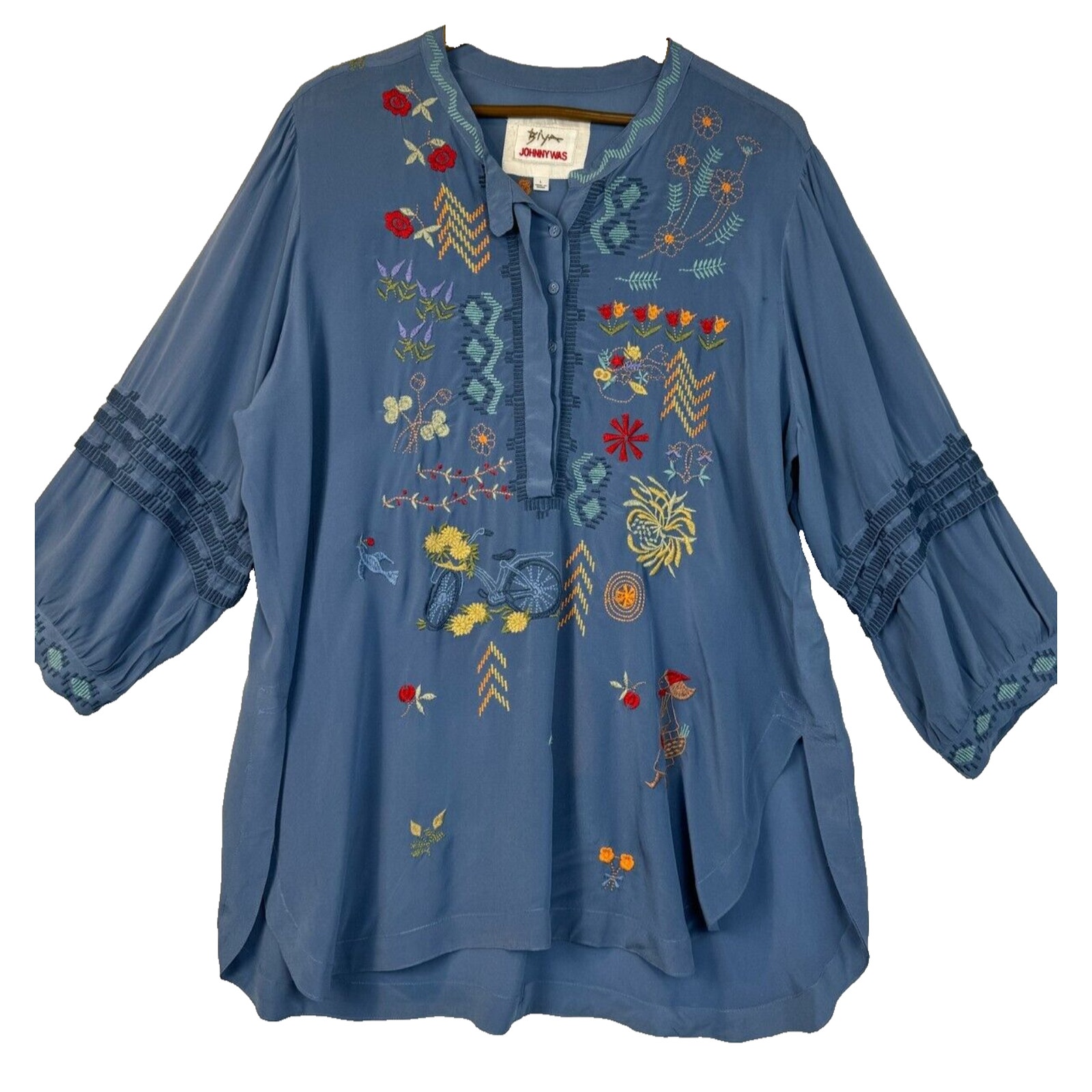 Johnny Was Biya Silk Embroidered Blouse Blue Large LS Floral Dutch Flowy