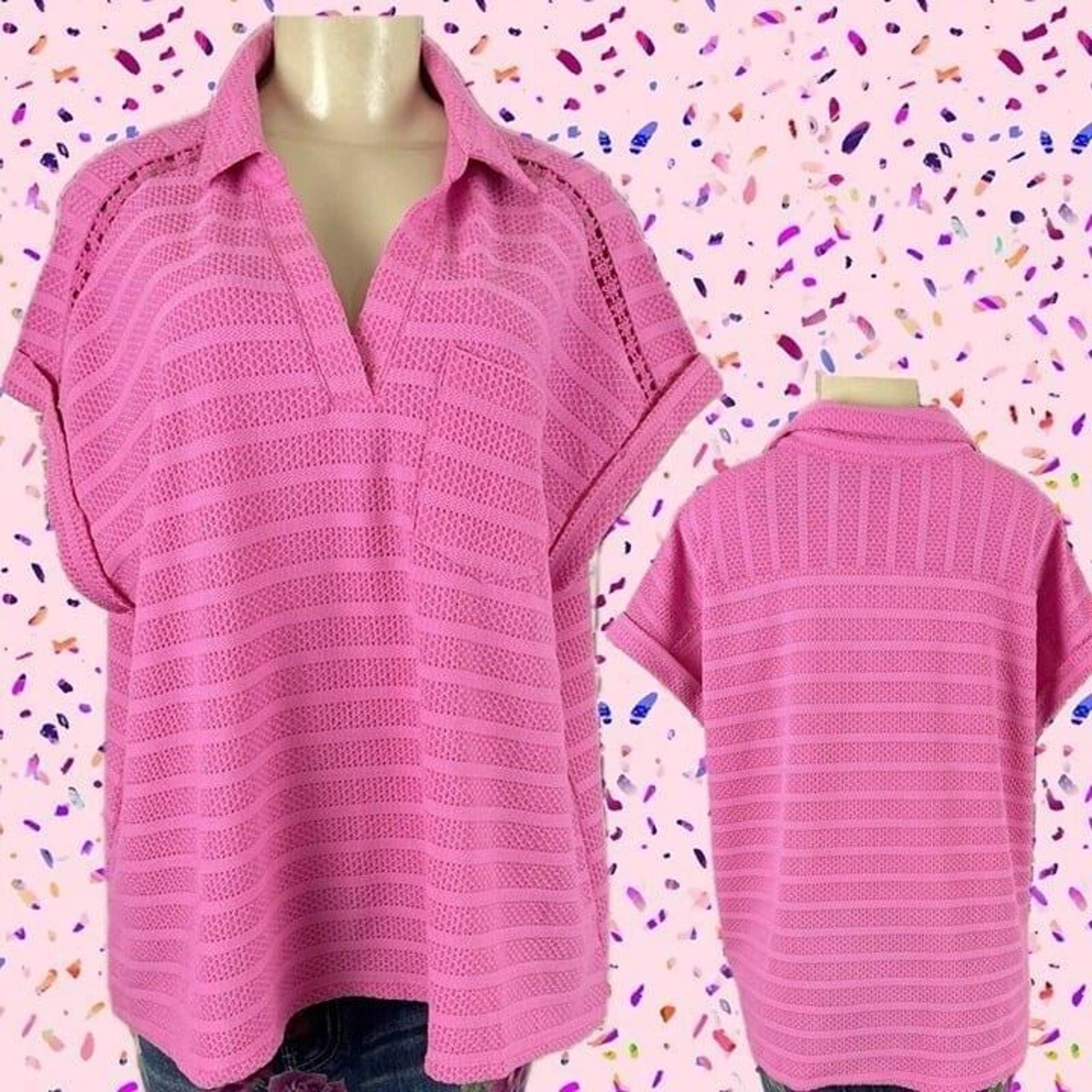 Fred David Plus 1X Pink Textured Weave Split Neck Collar Dolman Short Sleeve Top