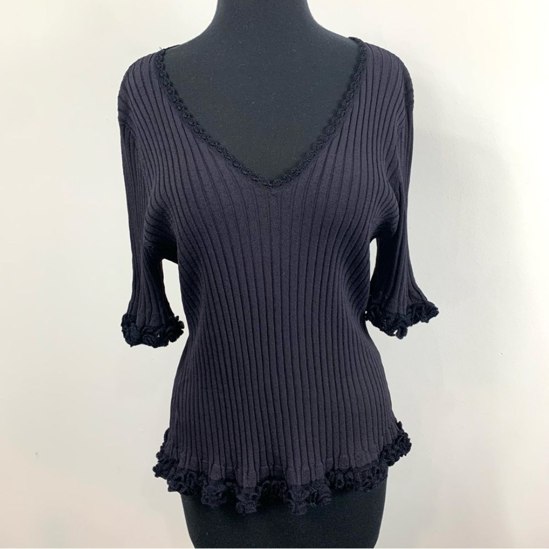 Oscar De La Renta Black Ribbed Ruffle Trim Top
