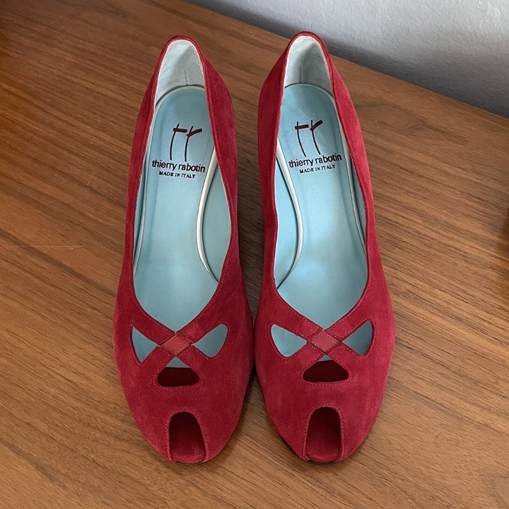 THIERRY RABOTIN Red Suede Leather Cutout Peep Toe Wedge Heels Sz 37.5