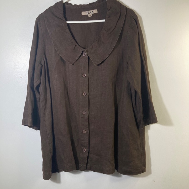 Womens Flax LInen Button Lagenlook Tunic Large Collar Brown S 3/4 Sleeve