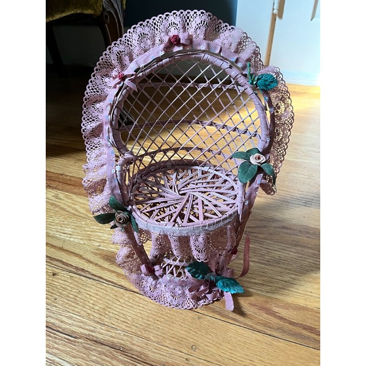 Vintage Wicker Pink Peacock Floral + Lace Mini Chair for Dolls, Plants