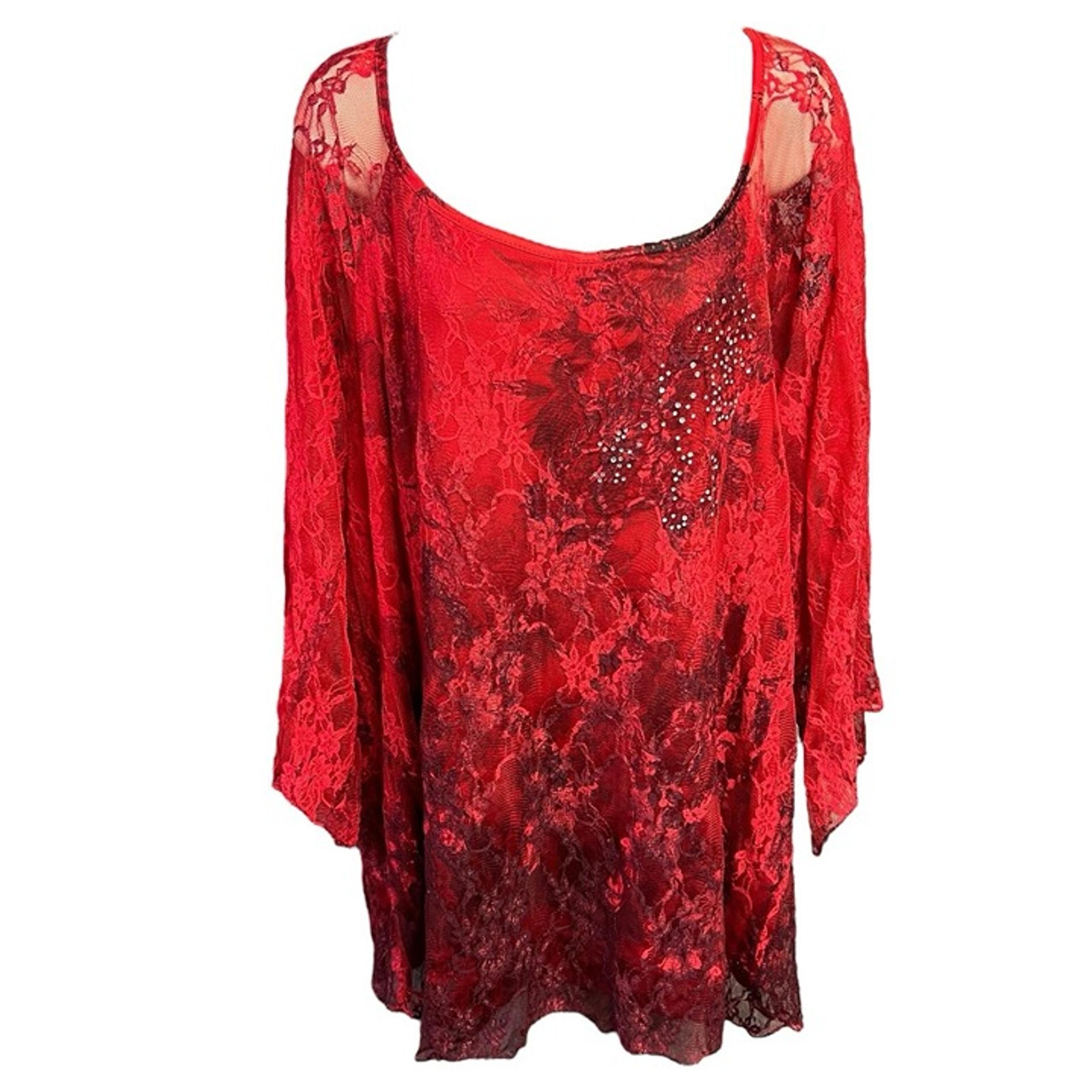 Brittany Black Blouse Top Red Lace Silver Rhinestone Pullover Stretchy Flowy USA
