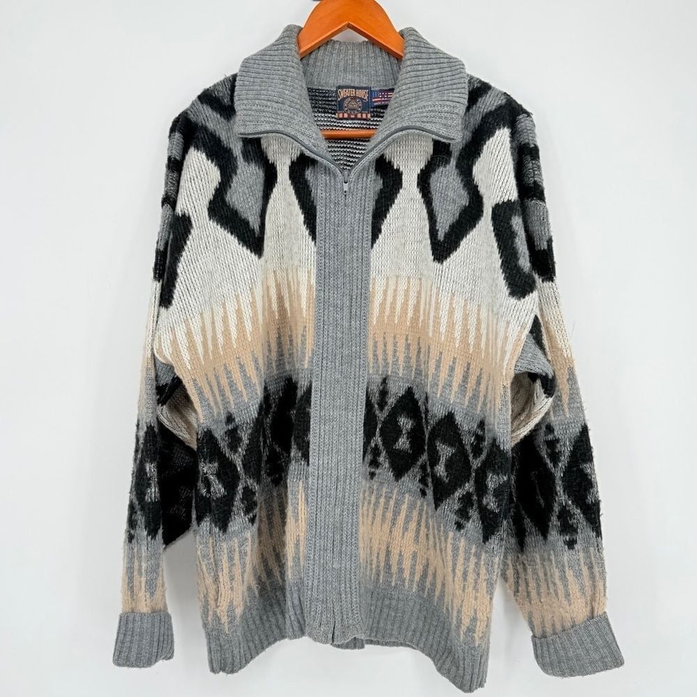 Vintage Southwestern Full Zip Sweater Gray and Cream Men's Size Extra Large