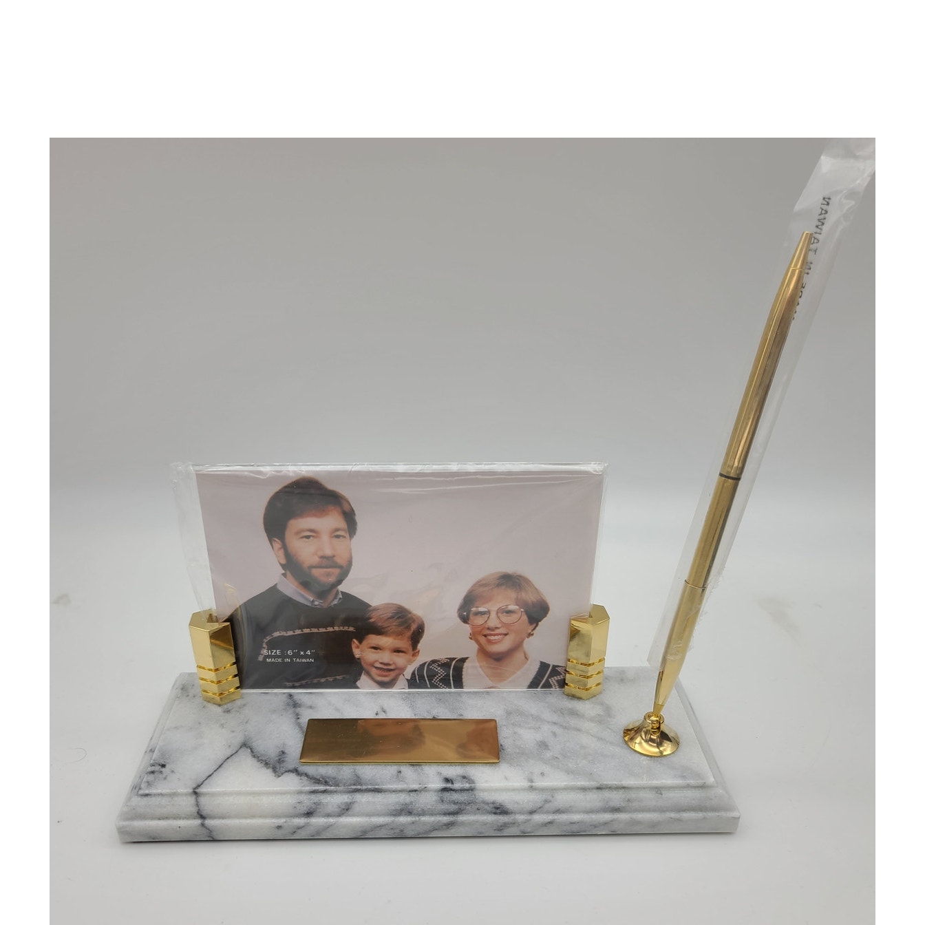 NIB Marble & Brass Executive Desk Set Ink Pen / Photo Frame / Name Plate