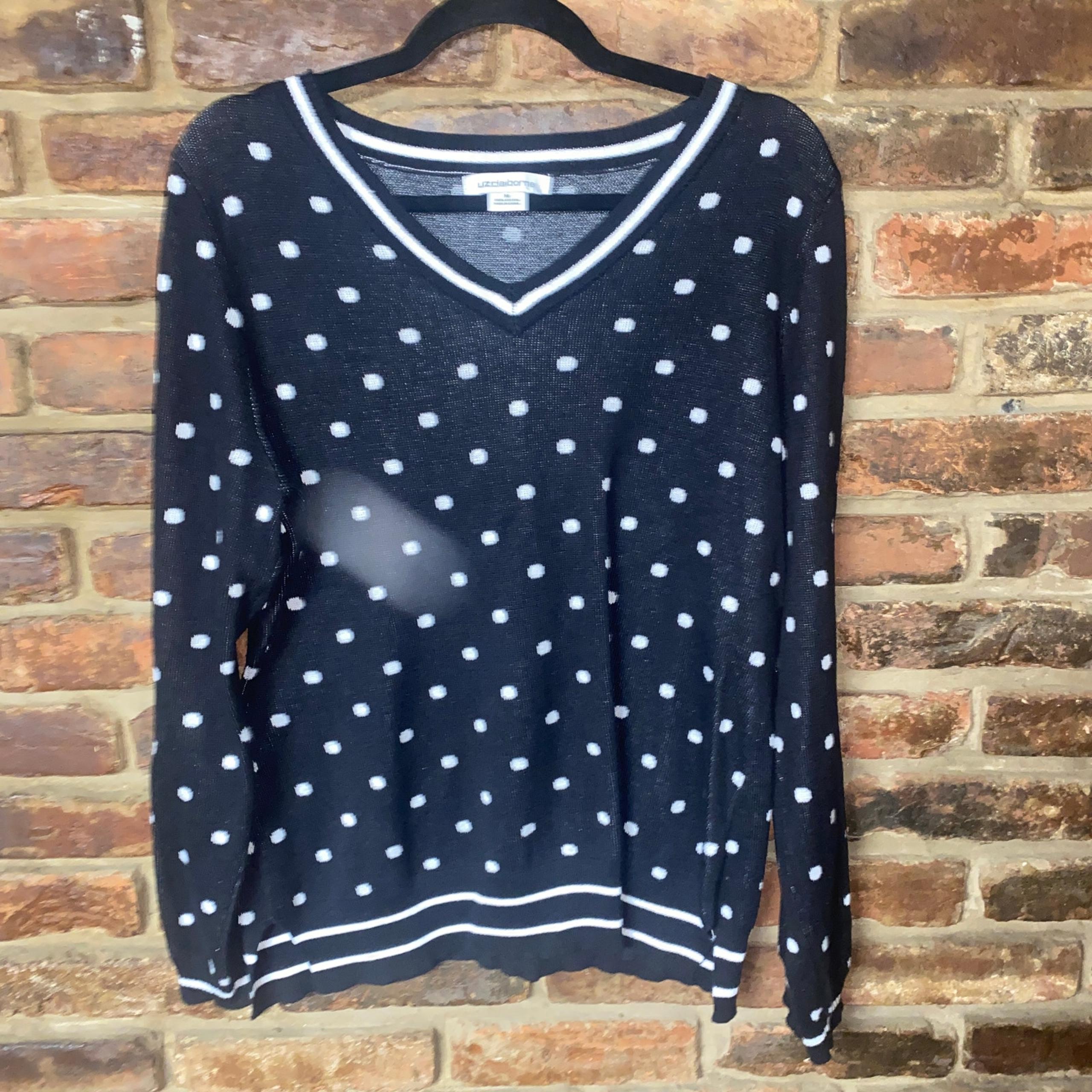 Liz Claiborne Black White Polka Dot V-Neck Pullover Sweater Women's Size Medium