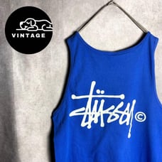 【STUSSY Tank Top Back Logo Simple Street Blue Vintage】