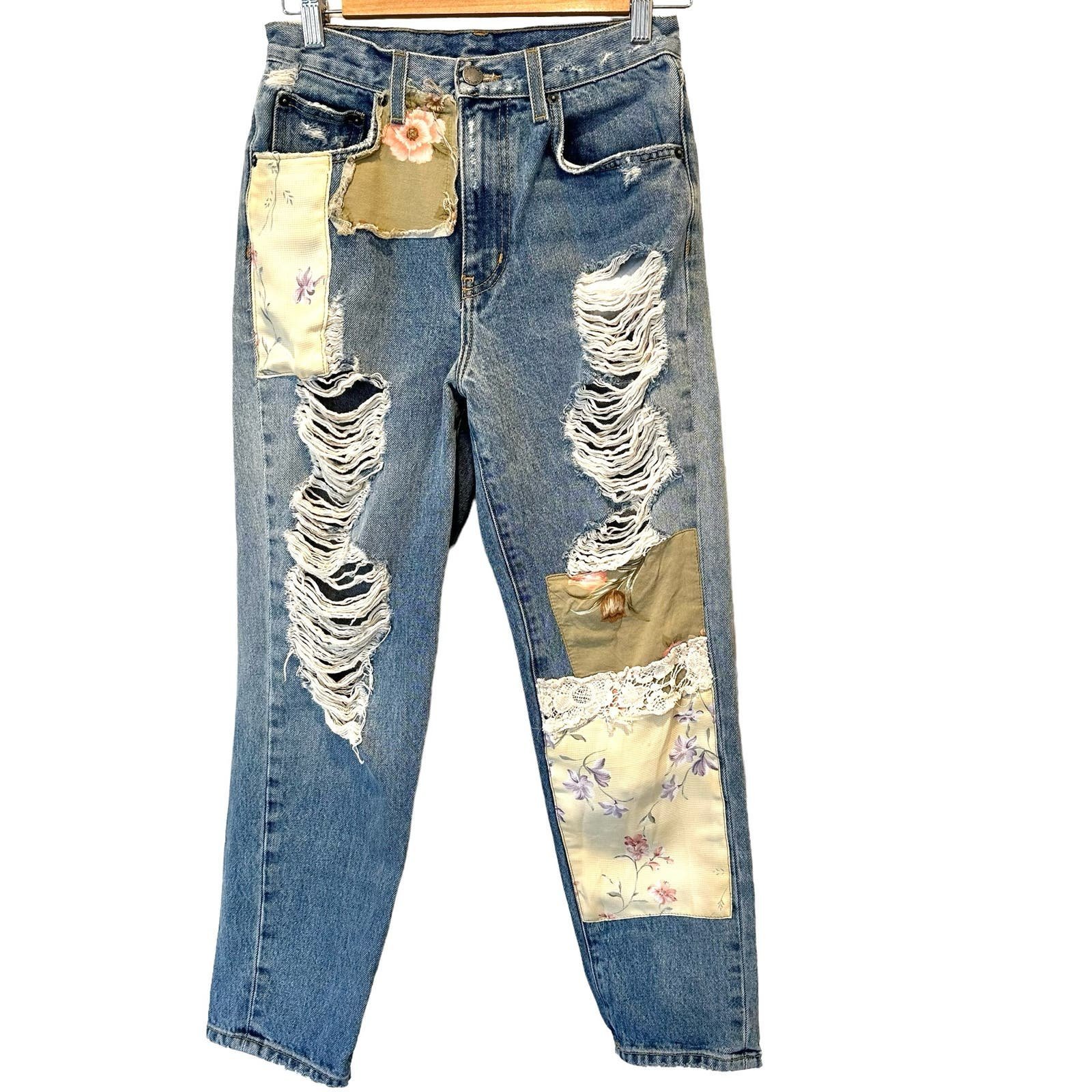 Carmar Boho Distressed Ripped Patchwork High Rise Boyfriend Jeans Size 25