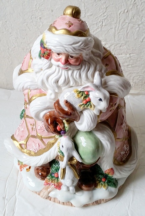 Vintage Fitz Floyd SNOWY WOODS Santa Christmas Cookie Jar Holiday Bunny Fox