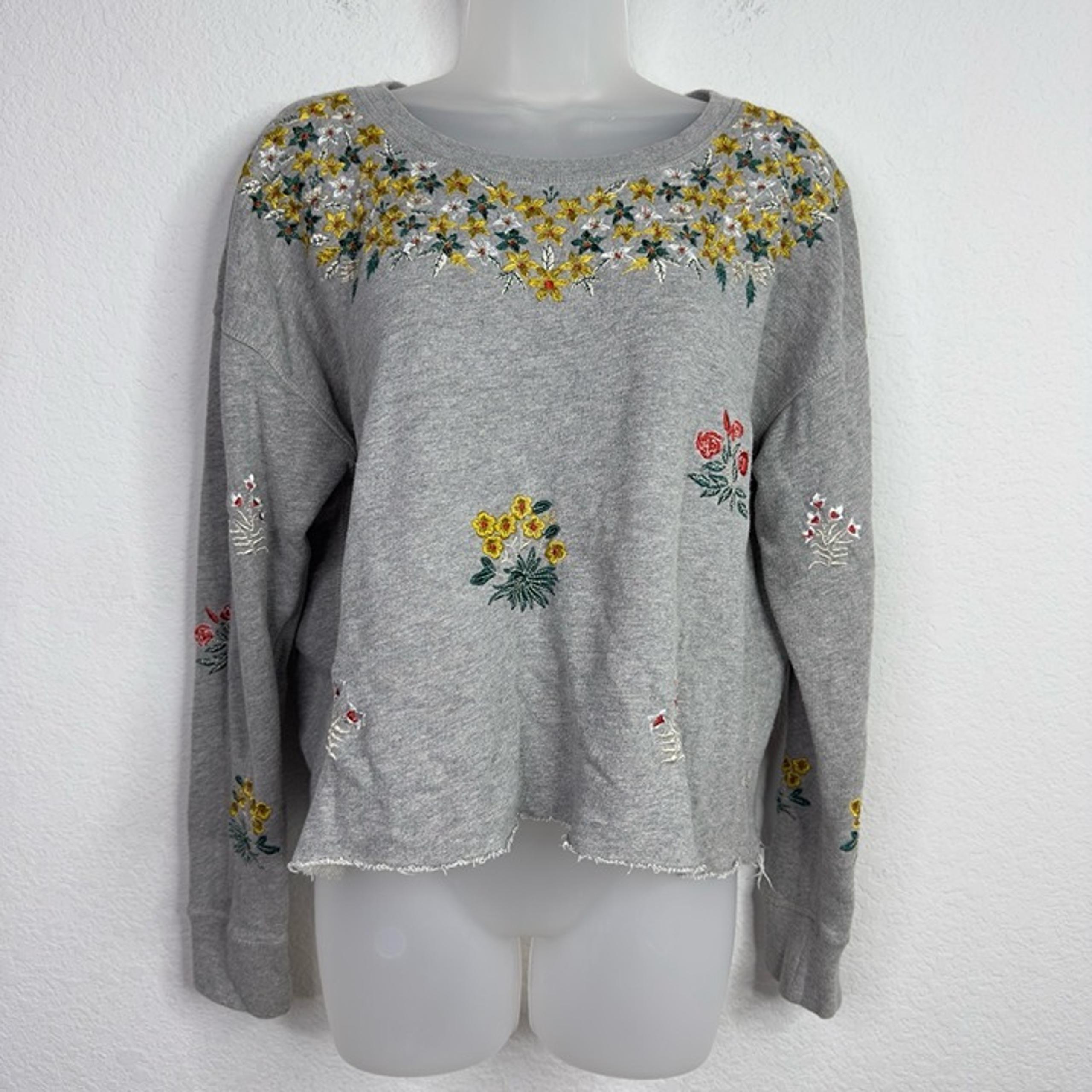 Lucky Brand Sweatshirt Women L Embroidered Floral Raw Hem Boho Romantic Pullover