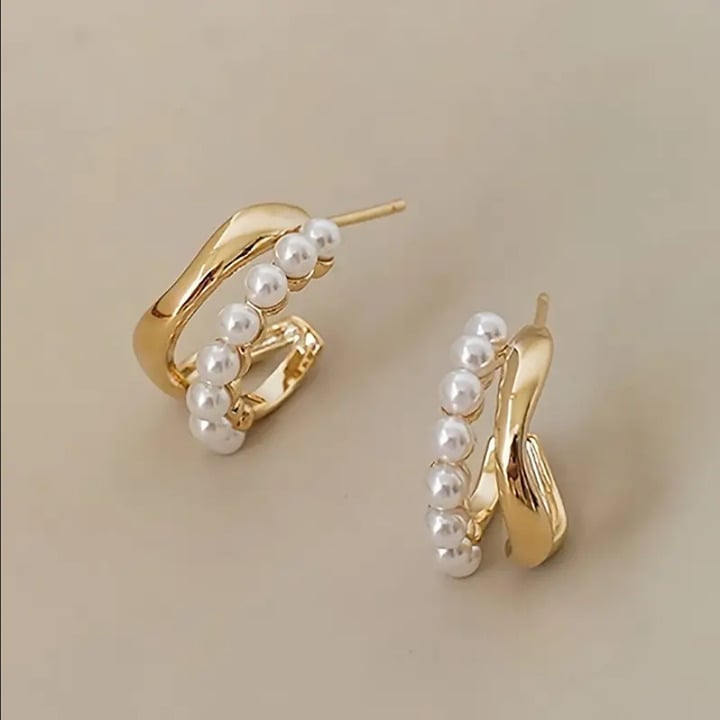 14K Gold Womens Double Row White Pearl Earrings Ladies Natural Freshwater Pearls