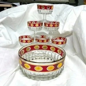 Vintage 1960's Italian Glass Dessert Trifle Bowl Set with 6 drinking goblets.