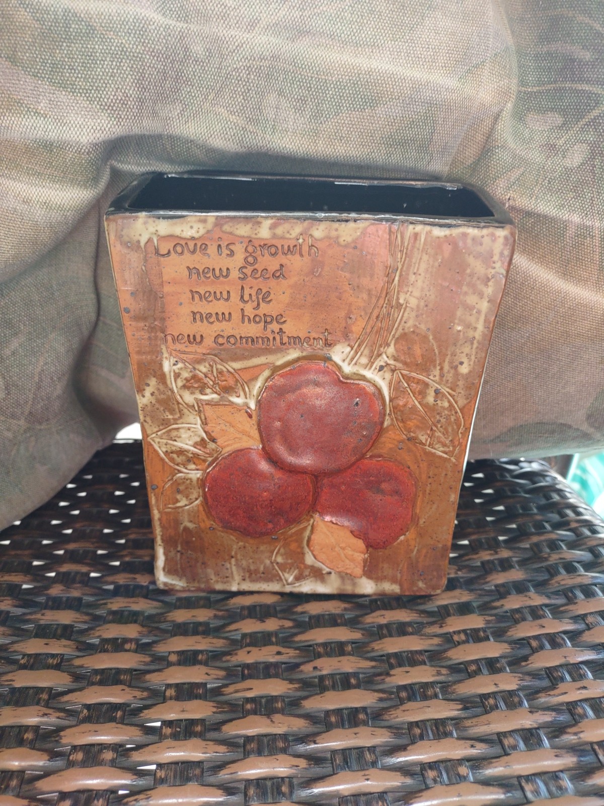 Vintage Japan Signed Joy Elaine Pottery Square Vase Inspirational Poem Pottery