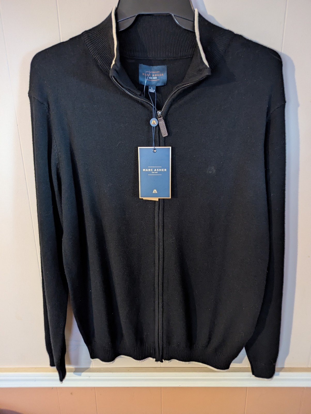 Marc Asher Men's Black White Full Zipper Sweater Size Large Long Sleeve