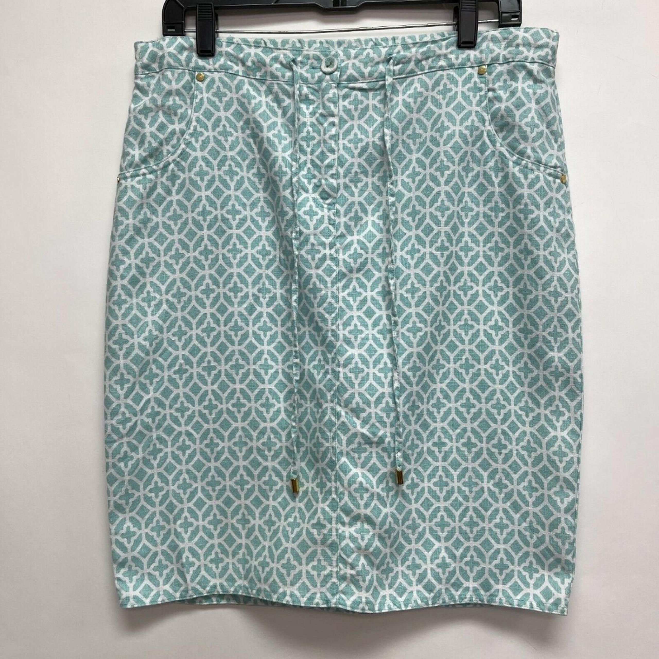 Charter Club Pencil Straight Skirt Size 10 Green White 100% Linen Drawstring
