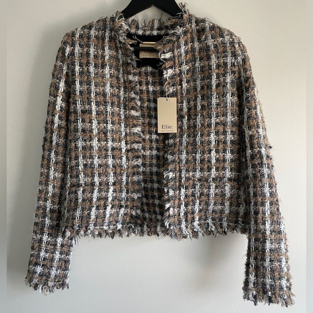 Elie. By Elie Tahari Light Tweed Weave Wool Blend Boucle Open-Front Jacket