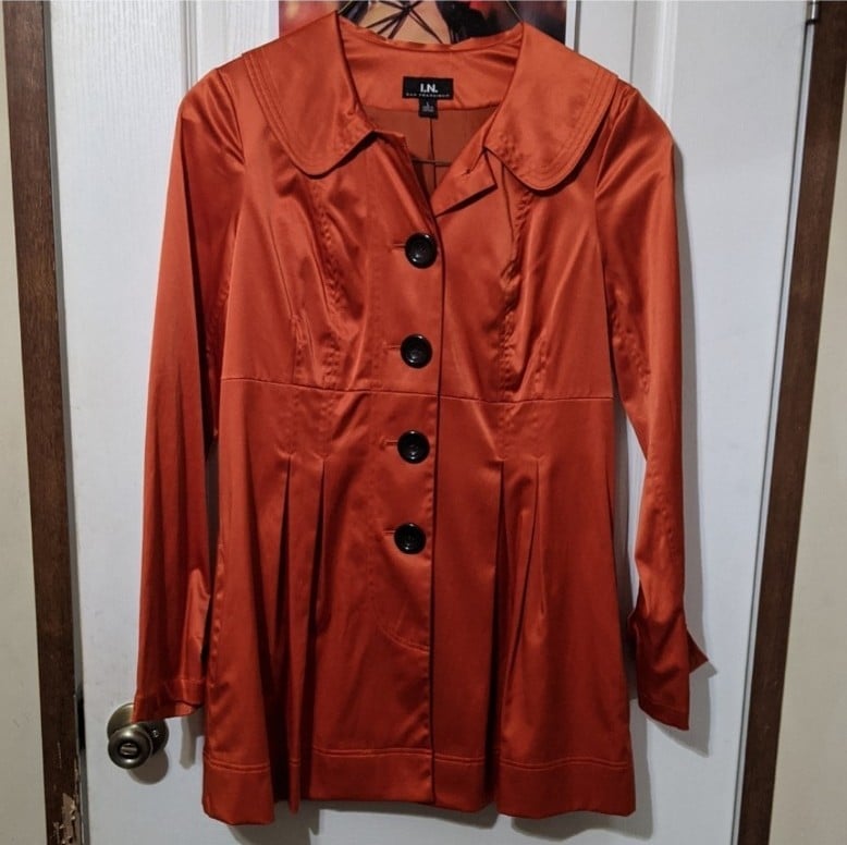 I.N. San Francisco Blood Red Orange Peplum Silky Jacket Peacoat Trench Coat