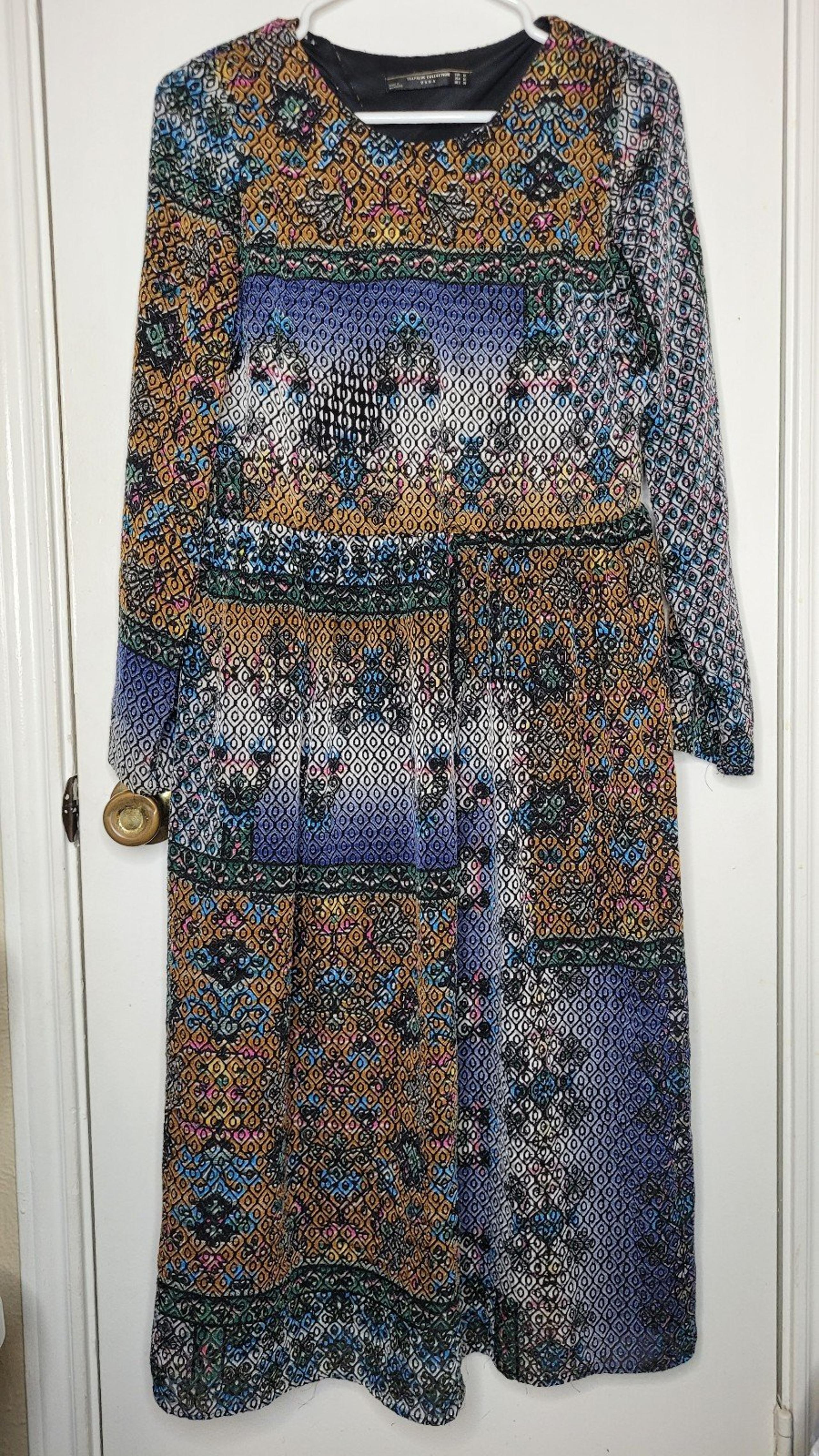 Zara Trafaluc Dress Long Sleeves Patchwork Velveteen Textured Fall Midi Womens M