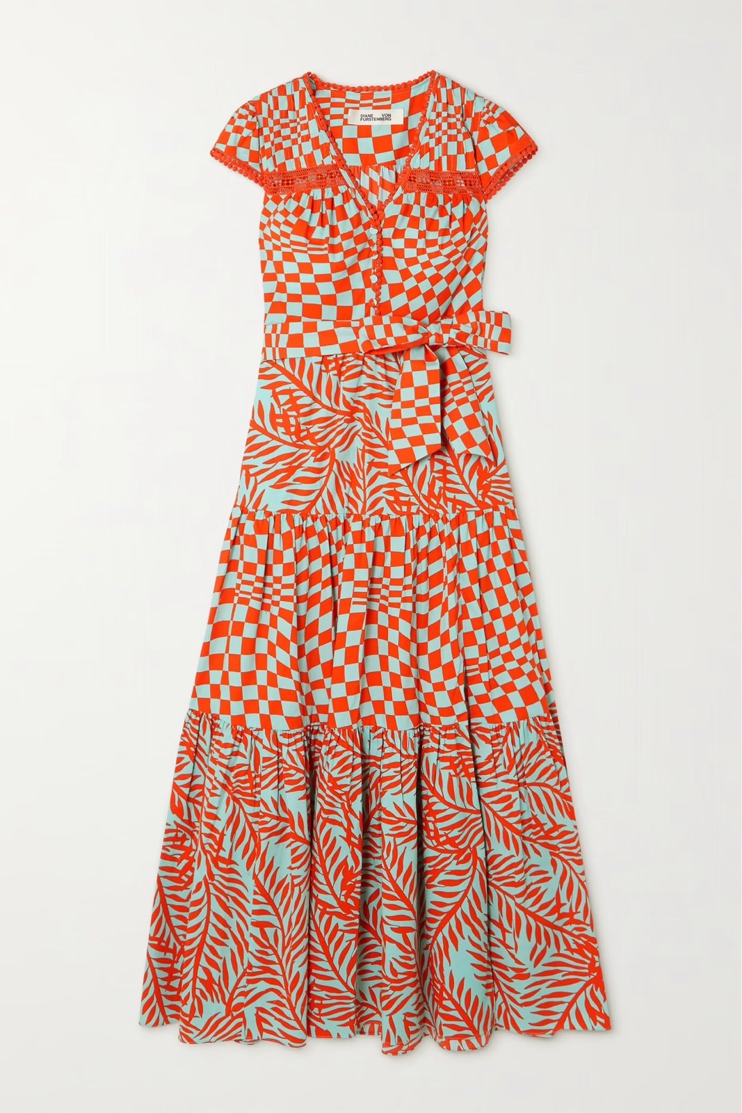 DIANE VON FURSTENBERG Sinead Belted Printed Crochet-Trimmed Poplin Midi Dress