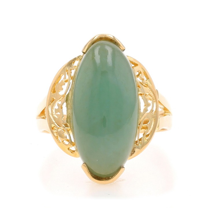 Yellow Gold Jadeite Cocktail Solitaire Ring - 18k Marquise Cabochon LX4223