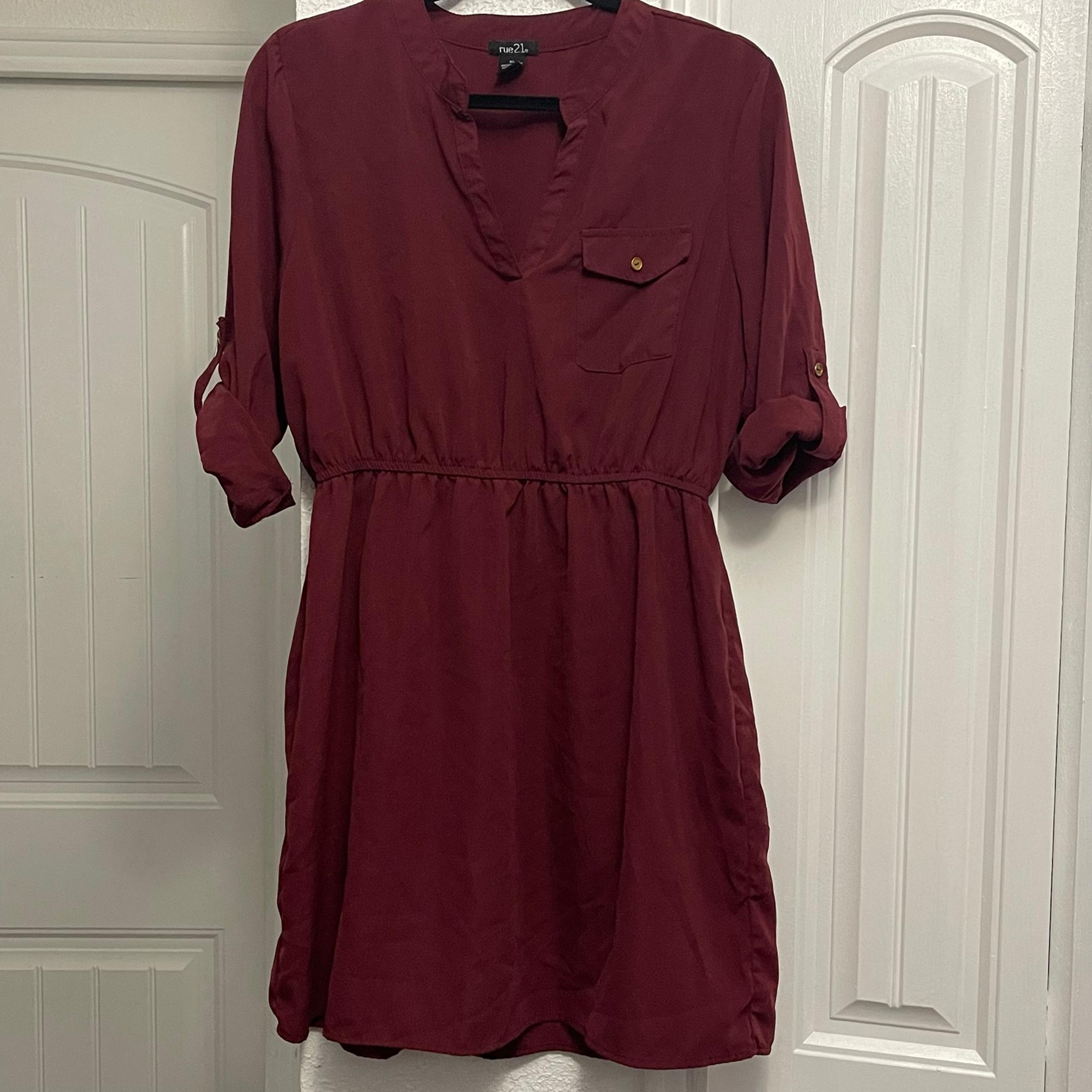 Rue21 Juniors Dress Size XL Burgundy Sheer V Neck 3/4 Sleeve