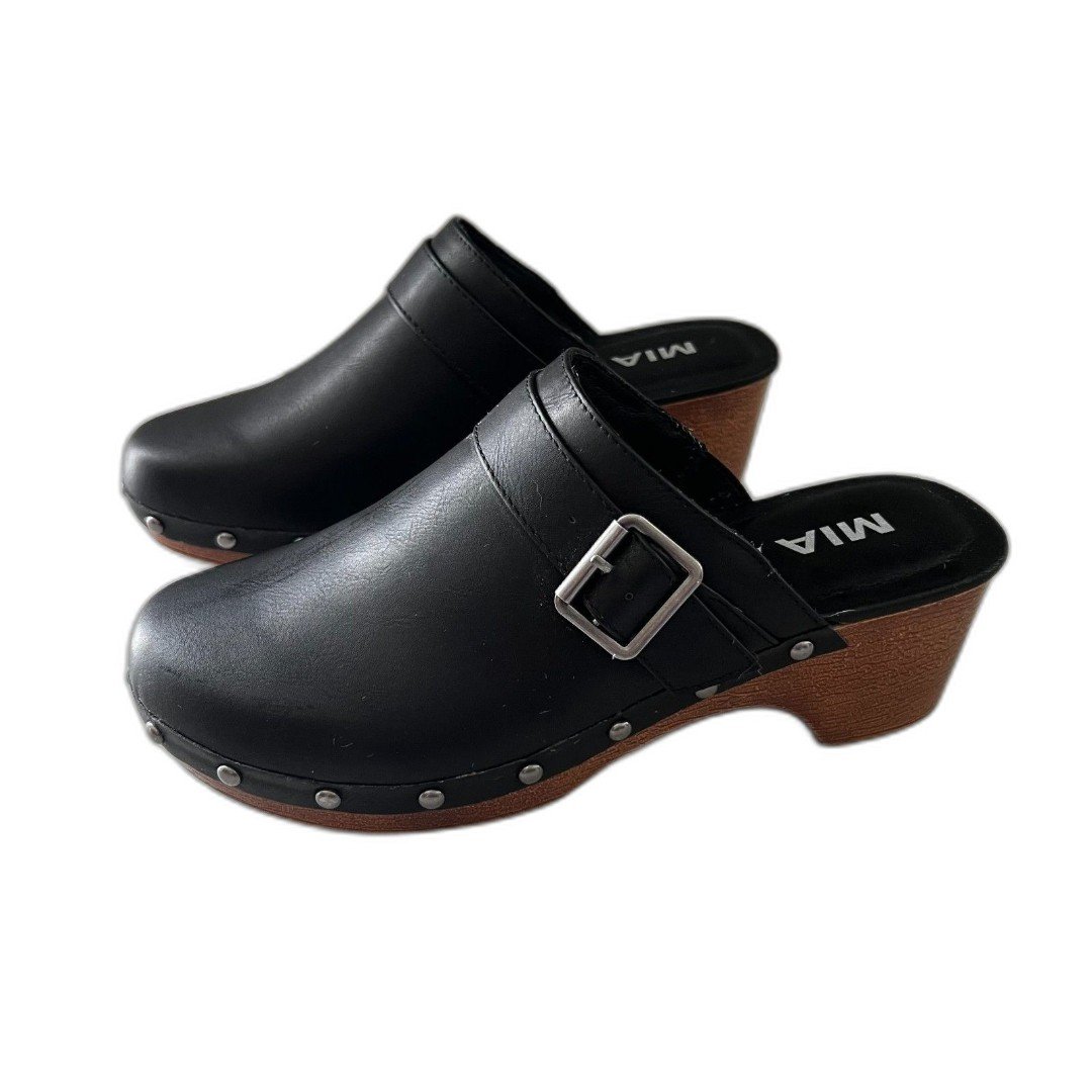 MIA Black Slip On Clogs Low Heel Buckle Retro Platform Studs - 8
