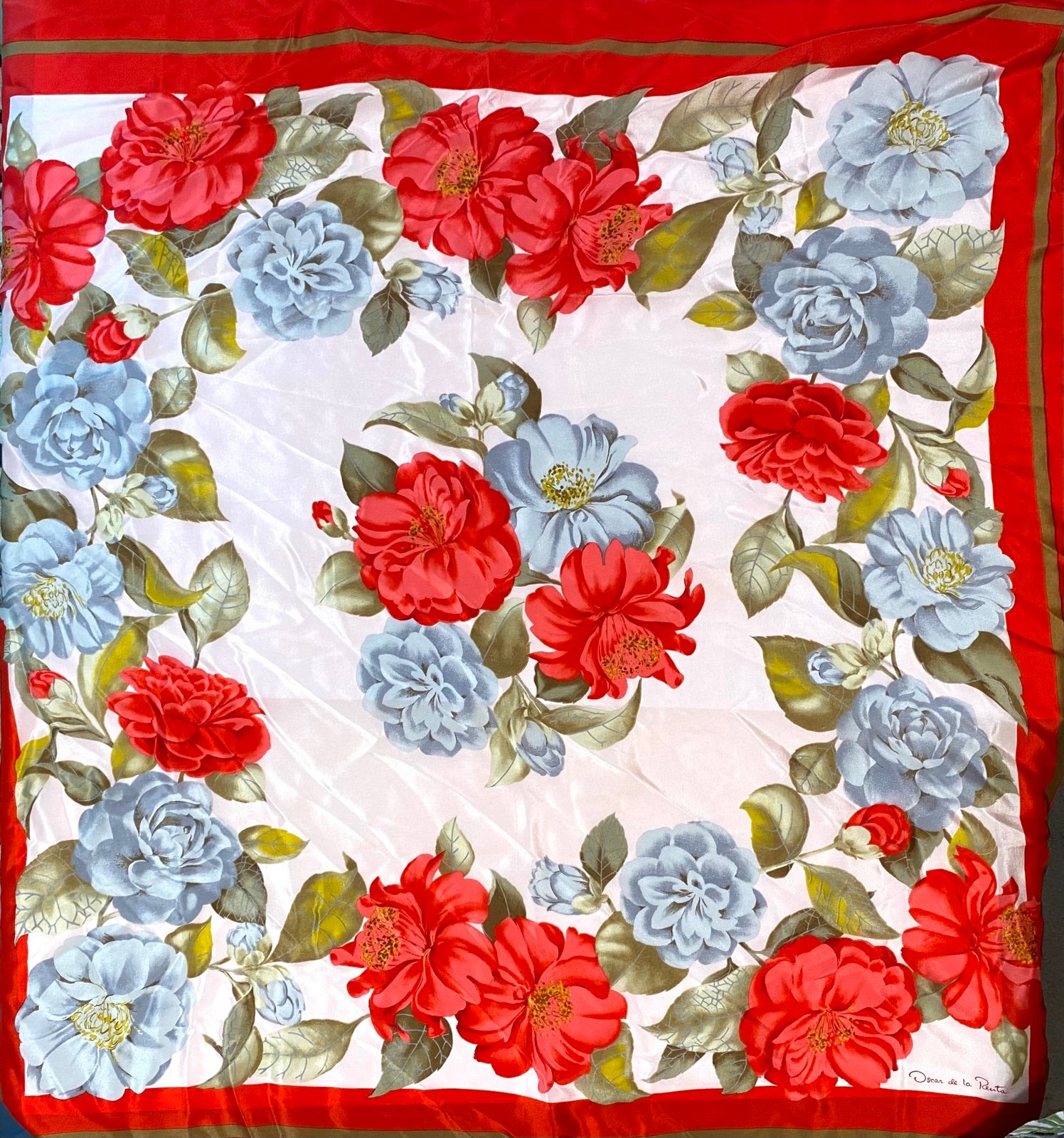 Vintage Oscar De La Renta Red Floral Silk Scarf