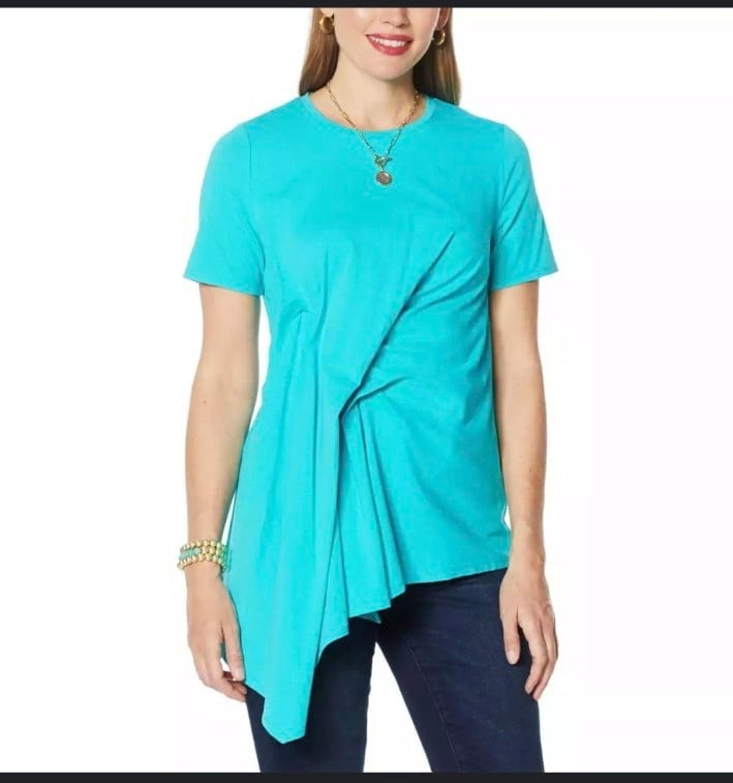Aqua Turquoise Short Sleeve Asymmetric Drape-Front Tee DG2 Diane Gilman X-SMALL