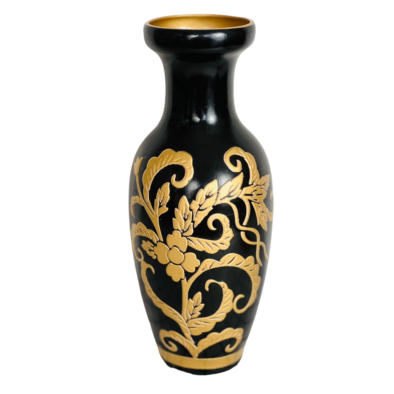 Vintage Chinese Vase Black Gold Hand Painted Floral Ornate 4.25 D x 10 H