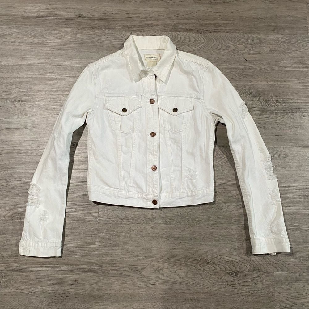 Women's Denim & Supply Ralph Lauren White Denim Jean Jacket Ripped Distressed