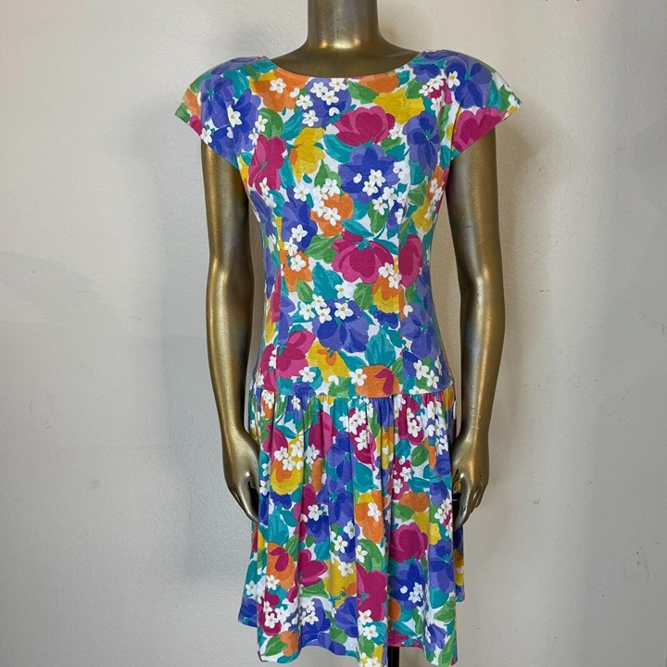 80s Vintage Jessica Howard Womens Floral Midi Dress Drop Waist Flare Small