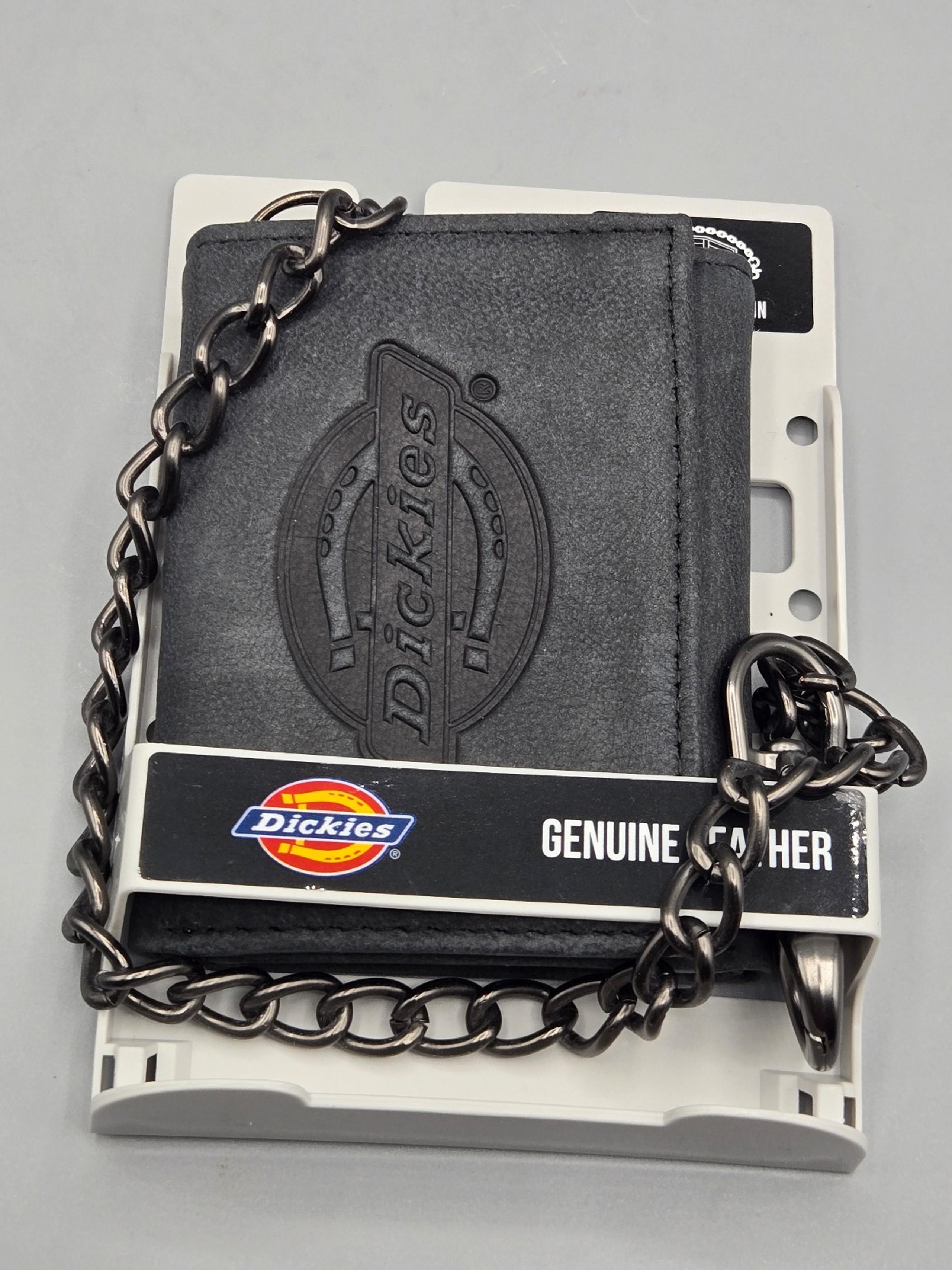 Dickies Genuine Leather Black Trifold Wallet with Chain