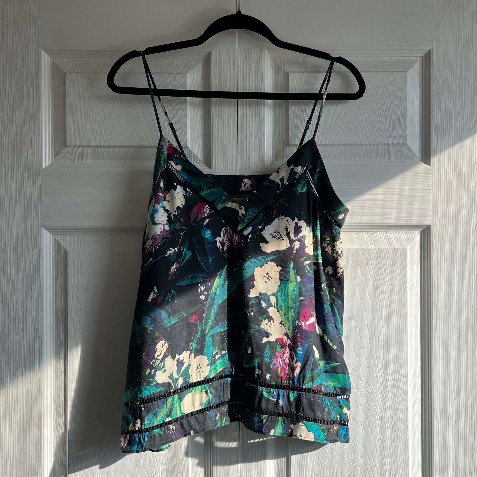 Townsen Black Green Floral Tropical Silk Blend V-Neck Cami S Boho Career Coastal