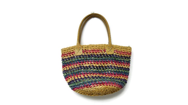 multi-color woven tote bag with leather