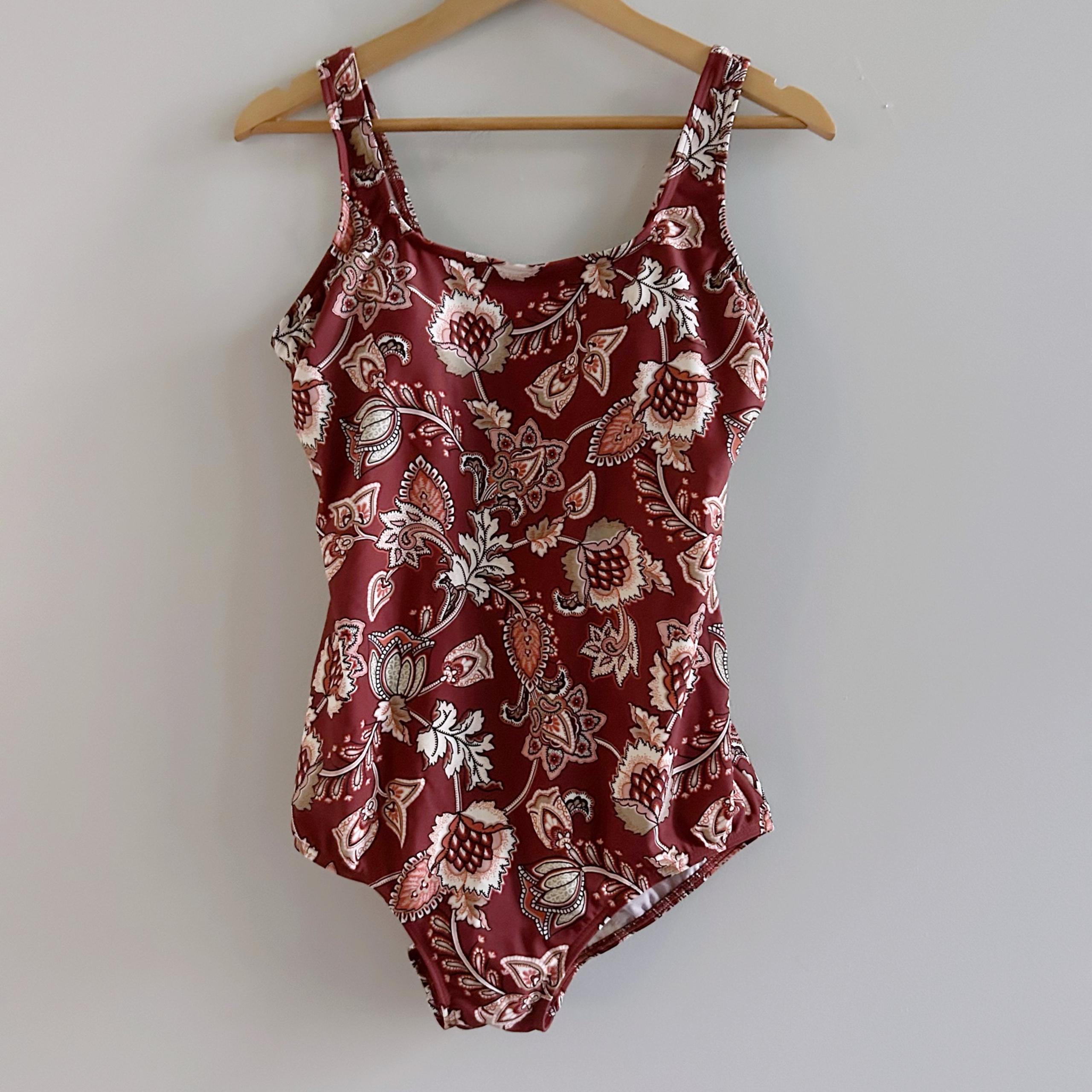 Lands End One Piece Swimsuit Red Brown Floral Women's 14 Full Coverage