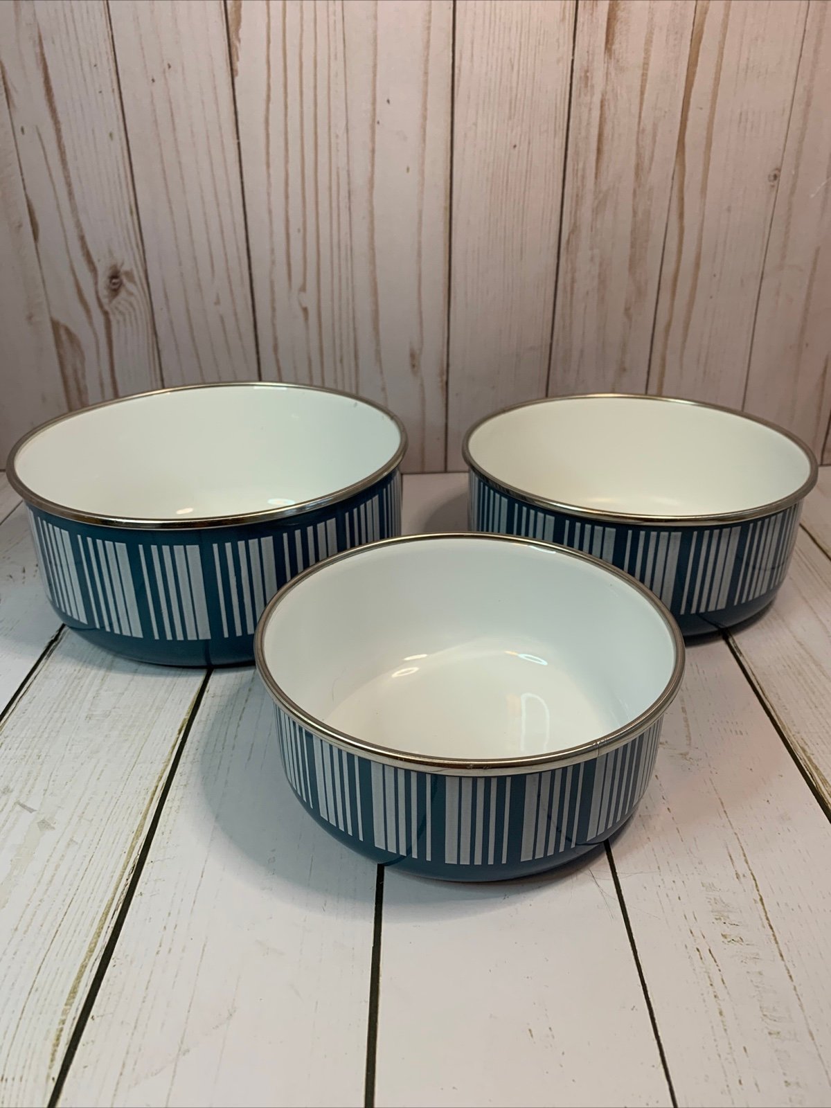 Vintage Blue Barcode Enamelware Nesting Bowls Set of 3 MCM Mid Century Modern
