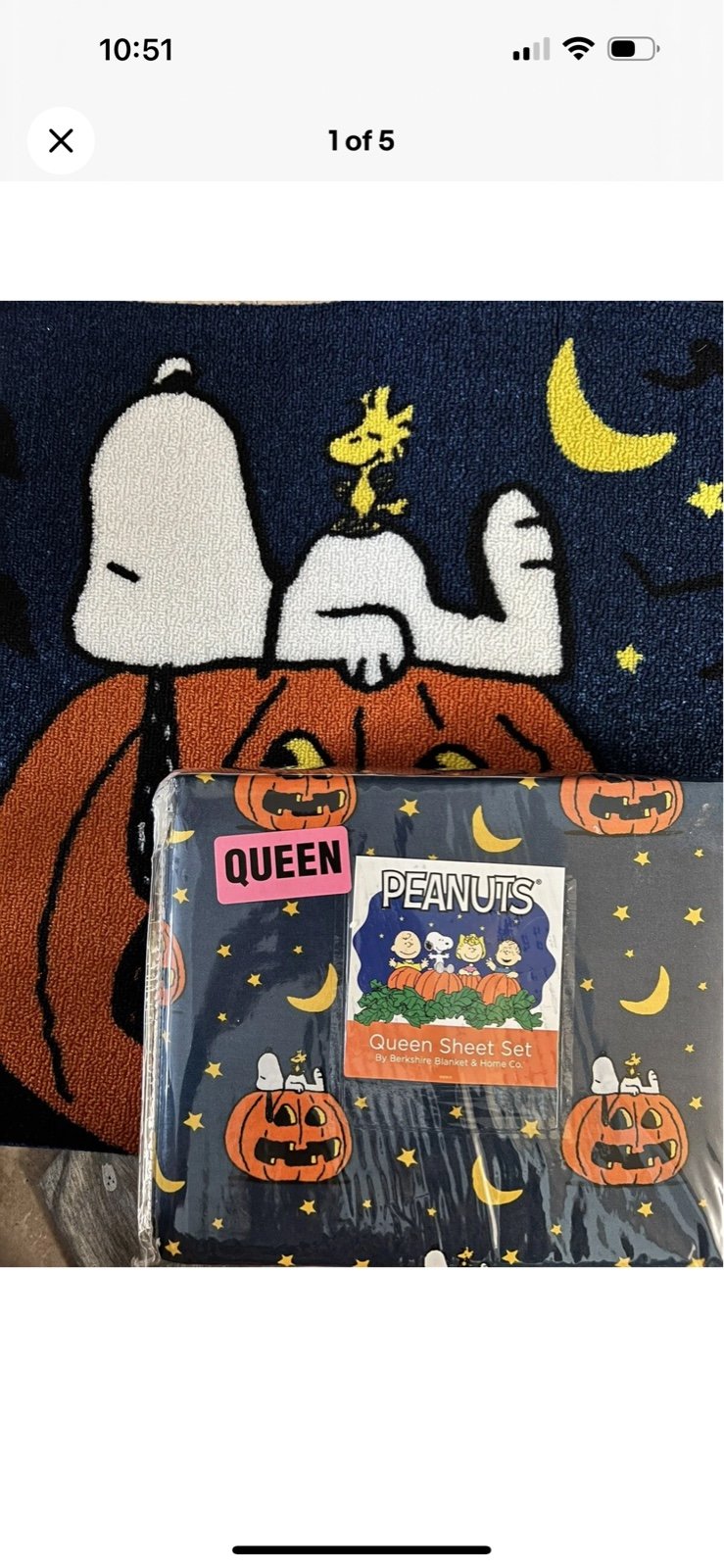 Berkshire Peanuts 4pcs Queen Sheet Set Snoopy Halloween & Rug Set bundle