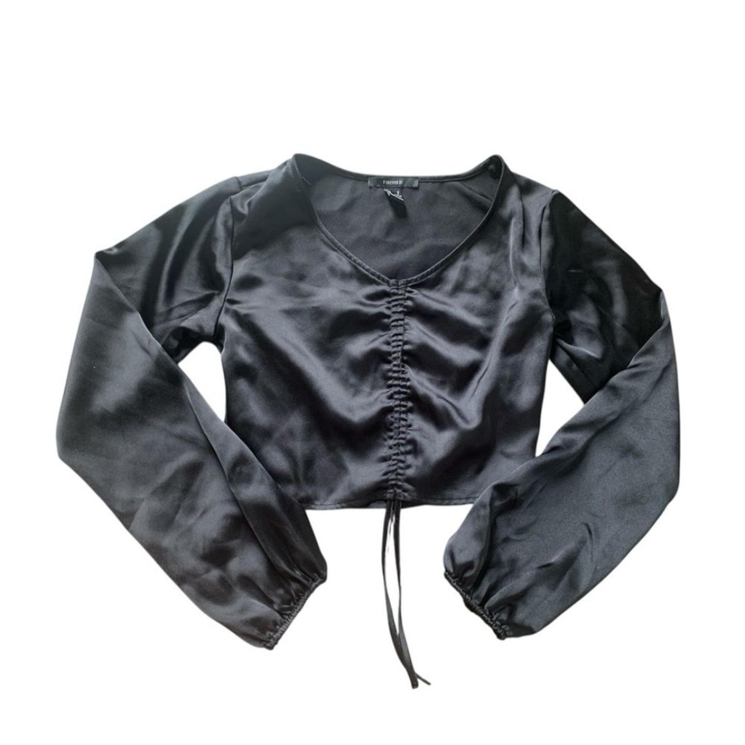 Forever 21 Black Ruched Tie Front Crop Blouse S