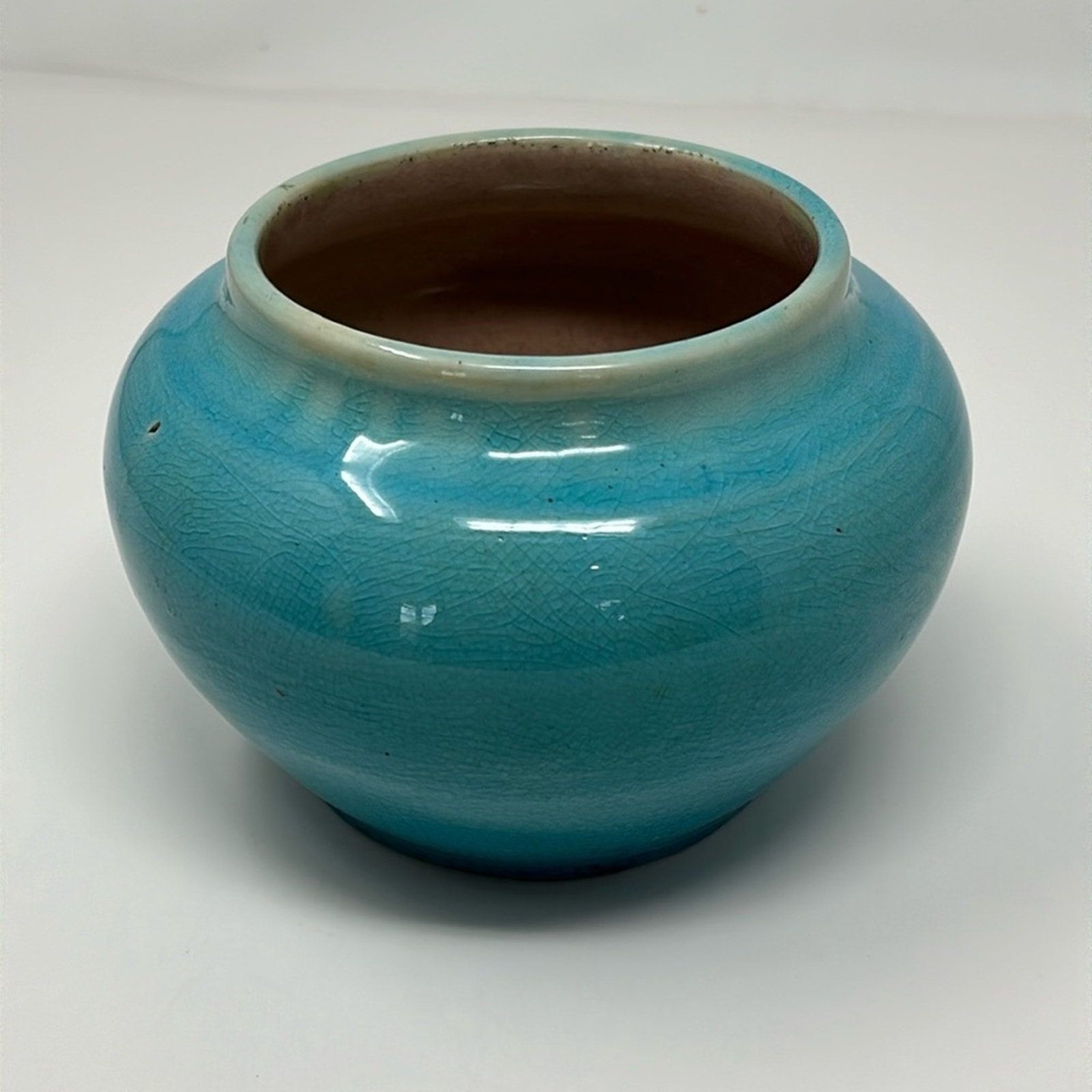 Pisgah Forest 1935 Blue & Pink Crackle Bowl Vase Potter at the Wheel Marking