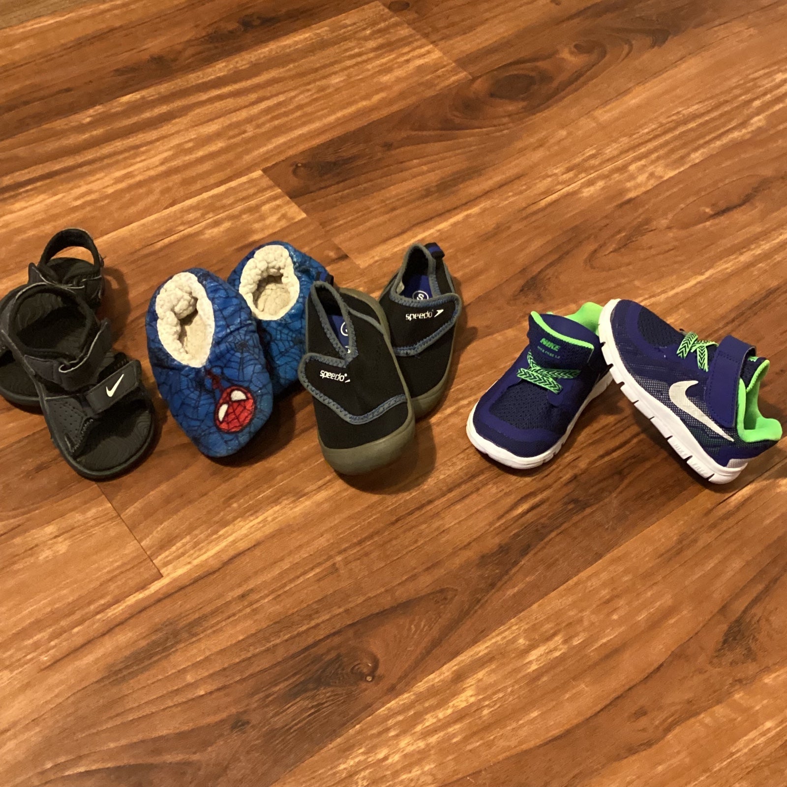 Boys size 4&5c shoe lot.-Nike Free 5.0&Sandals,Spider man Slippers&Speedo water