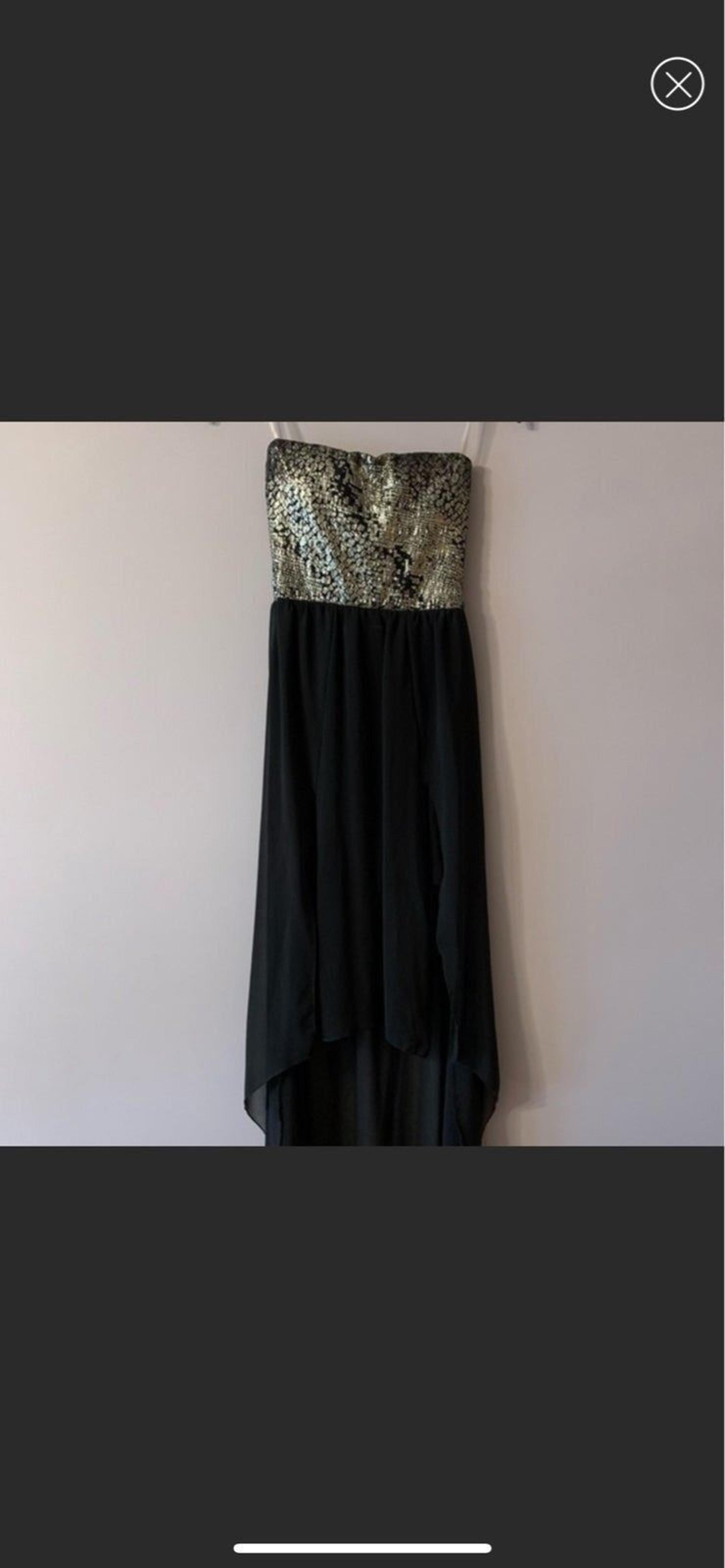 627 Windsor black and gold strapless high low dress - small