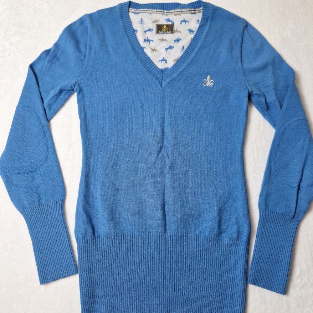 FIOR DA LISO Equestrian Riding Sweater Sz 32 Blue V-Neck Stretch Elbow Patch